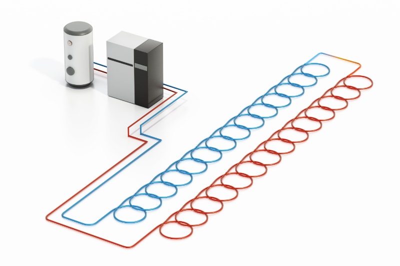 Water boiler and ground source heat pump connected to blue and red water pipes Geothermal heating and cooling system concept.