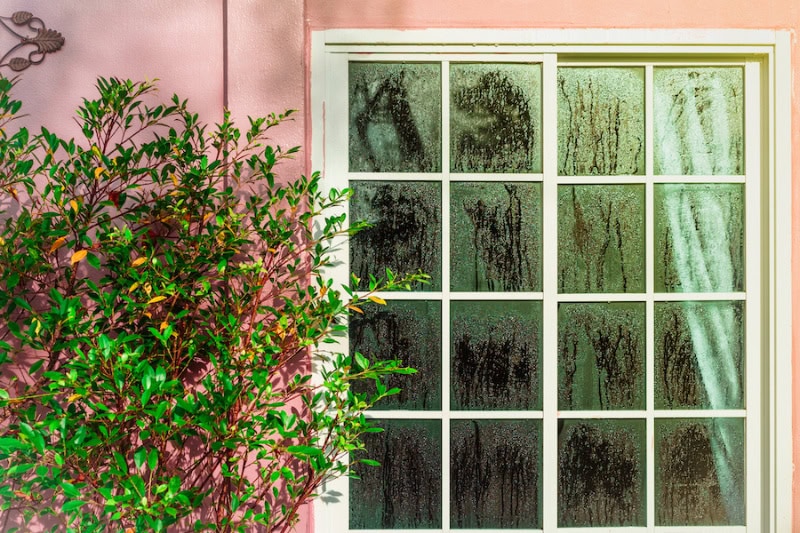 Don't Let Your Home Sweat It Out: A Oregon Guide to Humidity Control. Glass door with condensation and a tree, high humidity. Texture of water on a glass. Phenomenon of nature and exterior concept.